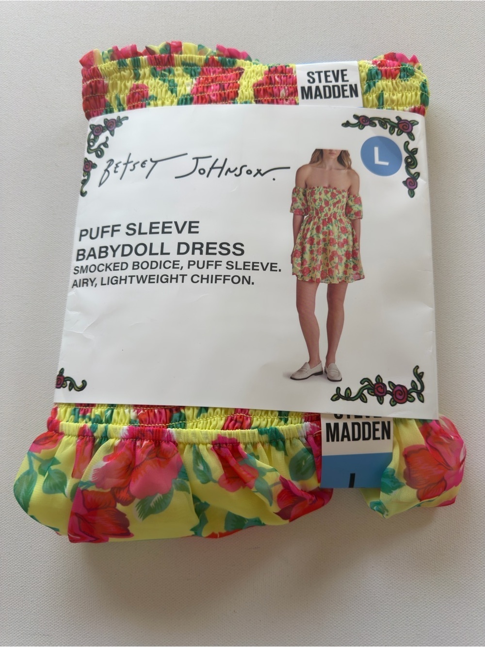 NWT Women's Betsey Johnson Puff Sleeve Babydoll Dress Yellow Floral Size L (G4)